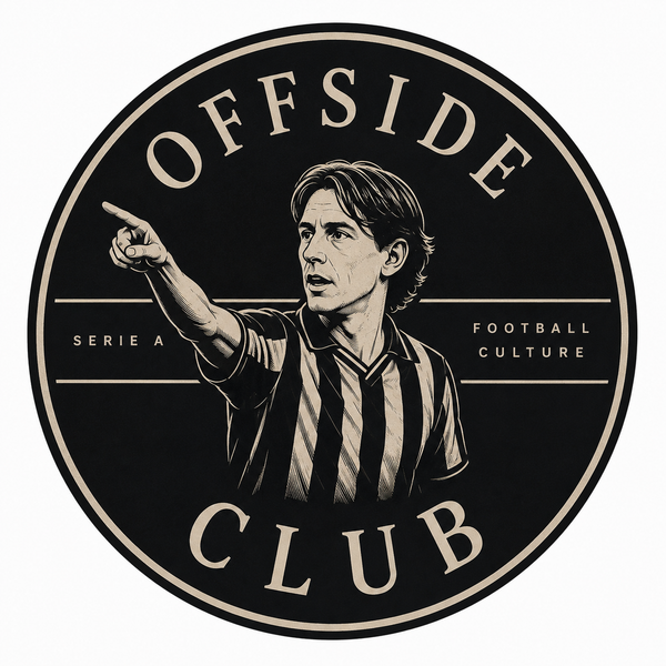 Circular logo for 'Offside Club' featuring a football player pointing, on a black background.